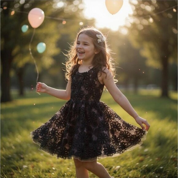 Girls Black Floral Lace Party Dress ✦ Knit Works ✦ Pink Lining ✦ Twirl Skirt 10 - Picture 1 of 6